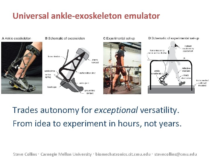 Universal ankle-exoskeleton emulator Trades autonomy for exceptional versatility. From idea to experiment in hours,