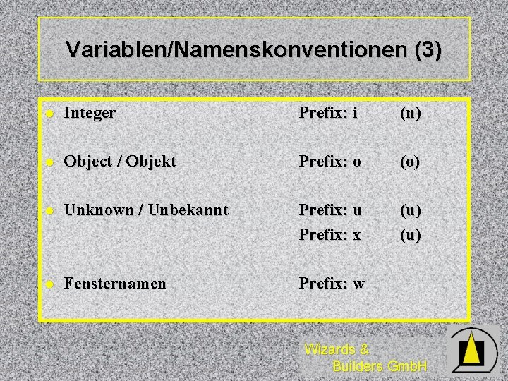 Variablen/Namenskonventionen (3) l Integer Prefix: i (n) l Object / Objekt Prefix: o (o)