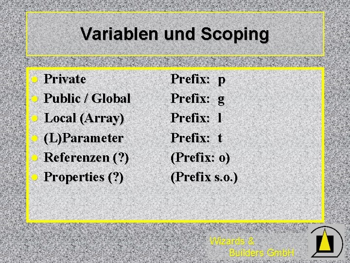 Variablen und Scoping l l l Private Public / Global Local (Array) (L)Parameter Referenzen