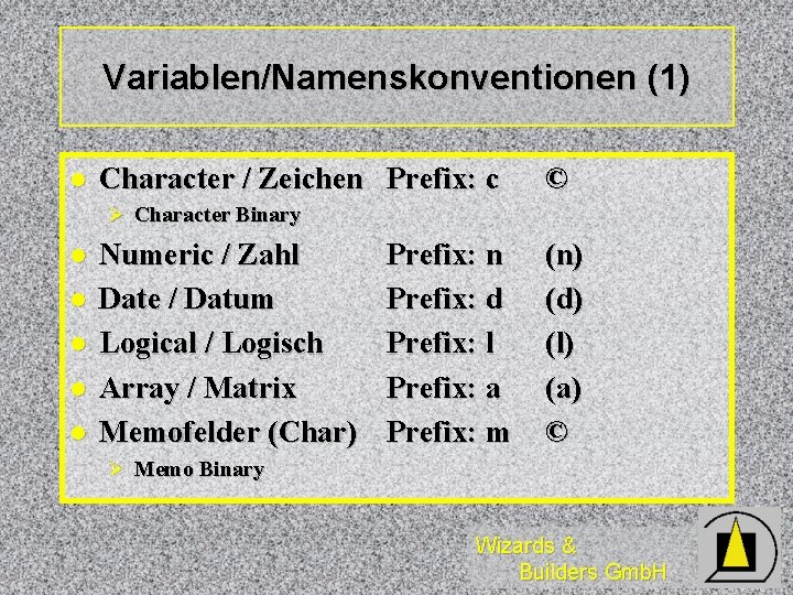 Variablen/Namenskonventionen (1) l Character / Zeichen Prefix: c © Ø Character Binary l l