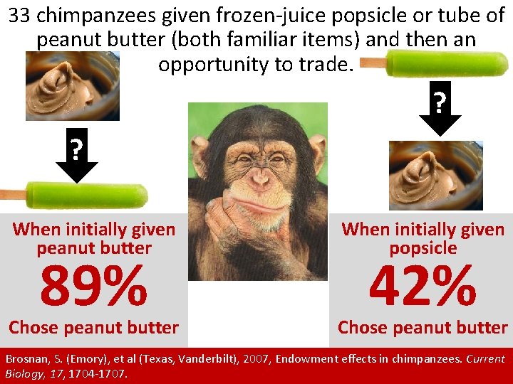 33 chimpanzees given frozen-juice popsicle or tube of peanut butter (both familiar items) and
