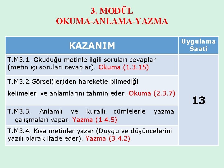 3. MODÜL OKUMA-ANLAMA-YAZMA KAZANIM Uygulama Saati T. M 3. 1. Okuduğu metinle ilgili soruları