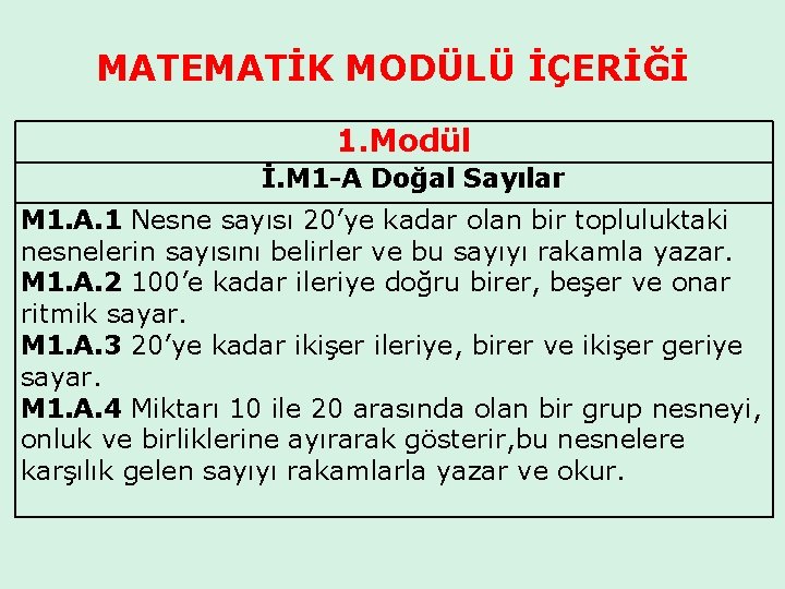 MATEMATİK MODÜLÜ İÇERİĞİ 1. Modül İ. M 1 -A Doğal Sayılar M 1. A.