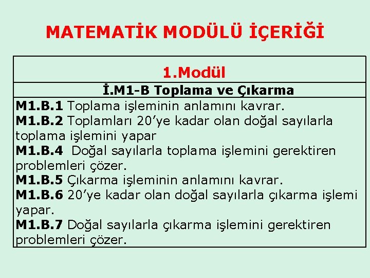 MATEMATİK MODÜLÜ İÇERİĞİ 1. Modül İ. M 1 -B Toplama ve Çıkarma M 1.