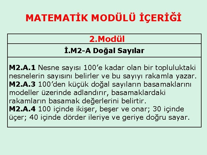 MATEMATİK MODÜLÜ İÇERİĞİ 2. Modül İ. M 2 -A Doğal Sayılar M 2. A.