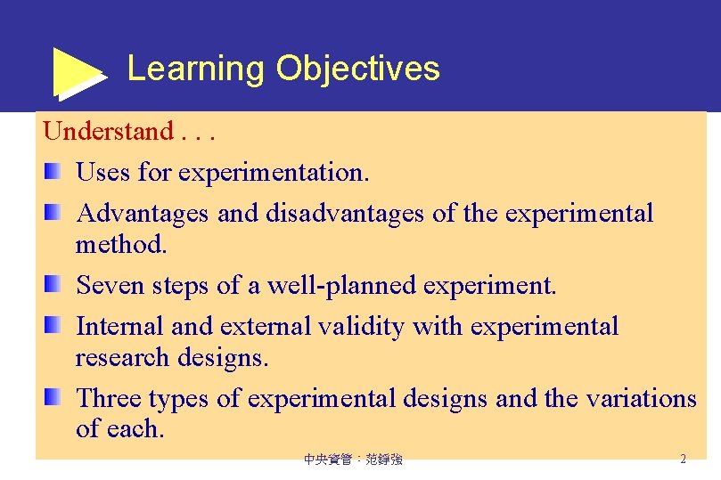 Learning Objectives Understand. . . Uses for experimentation. Advantages and disadvantages of the experimental