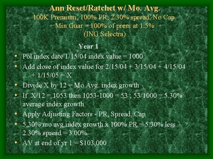 Ann Reset/Ratchet w/ Mo. Avg. 100 K Premium, 100% PR, 2. 30% spread. No