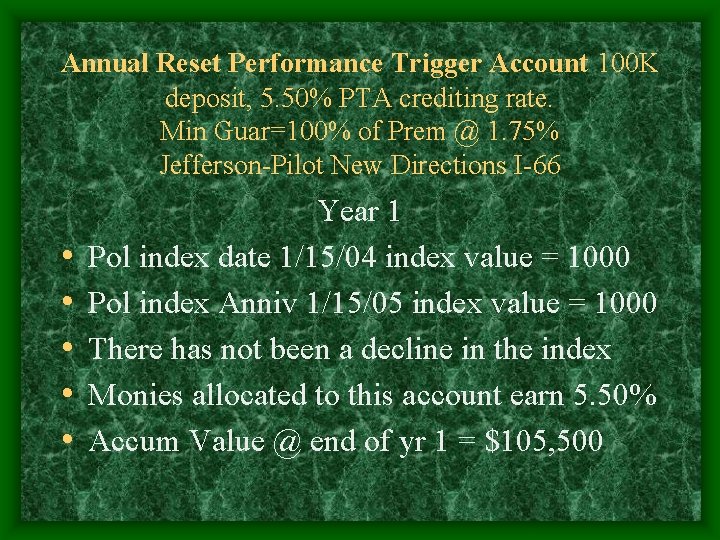 Annual Reset Performance Trigger Account 100 K deposit, 5. 50% PTA crediting rate. Min