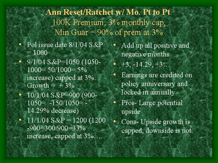 Ann Reset/Ratchet w/ Mo. Pt to Pt. 100 K Premium, 3% monthly cap, Min
