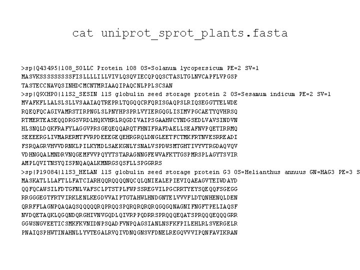 cat uniprot_sprot_plants. fasta >sp|Q 43495|108_SOLLC Protein 108 OS=Solanum lycopersicum PE=2 SV=1 MASVKSSSSSFISLLLLILLVIVLQSQVIECQPQQSCTASLTGLNVCAPFLVPGSP TASTECCNAVQSINHDCMCNTMRIAAQIPAQCNLPPLSCSAN >sp|Q