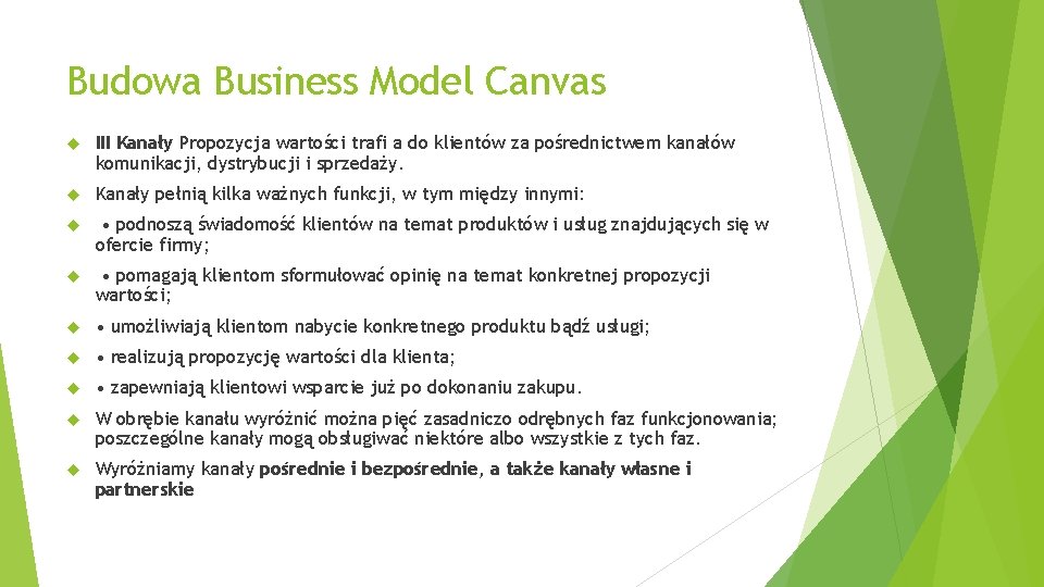 Budowa Business Model Canvas III Kanały Propozycja wartości trafi a do klientów za pośrednictwem