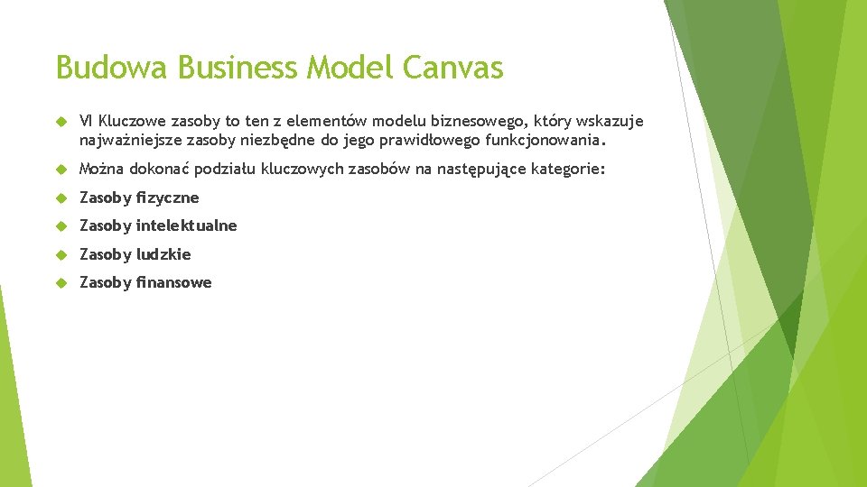 Budowa Business Model Canvas VI Kluczowe zasoby to ten z elementów modelu biznesowego, który