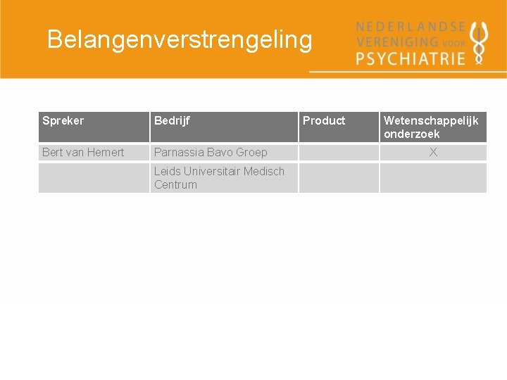 Belangenverstrengeling Spreker Bedrijf Bert van Hemert Parnassia Bavo Groep Leids Universitair Medisch Centrum Product