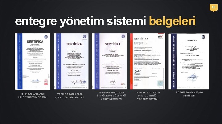 29 entegre yönetim sistemi belgeleri TS EN ISO 9001: 2008 KALİTE YÖNETİM SİSTEMİ TS