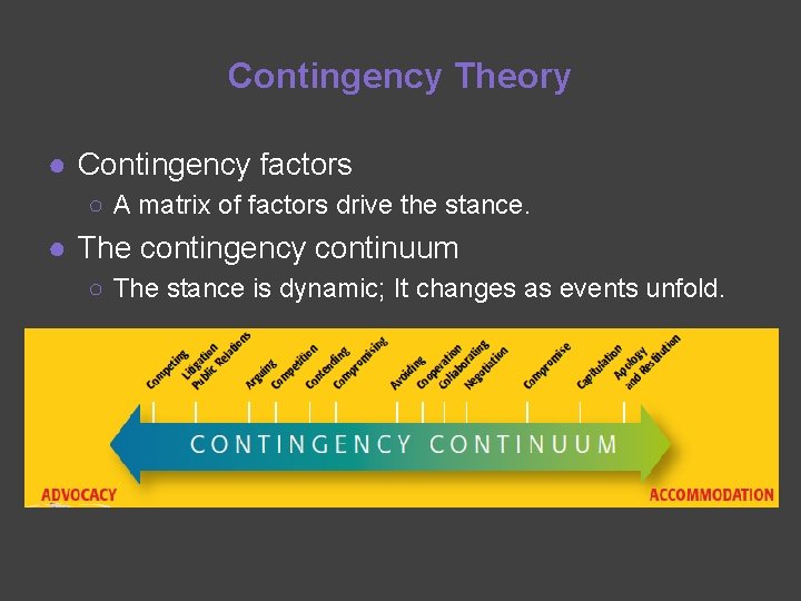 Contingency Theory ● Contingency factors ○ A matrix of factors drive the stance. ●