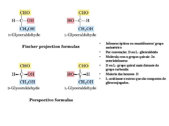  • • • Isômeros ópticos ou enantiômeros/ grupo assimétrico Por convenção: D ou