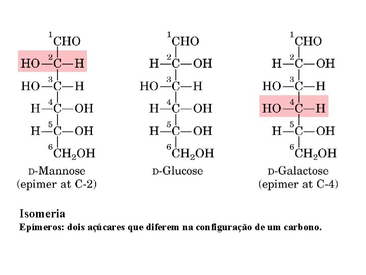 Isomeria Epímeros: dois açúcares que diferem na configuração de um carbono. 