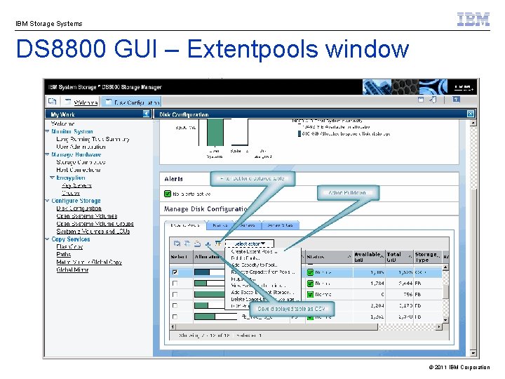 IBM Storage Systems DS 8800 GUI – Extentpools window © 2011 IBM Corporation 