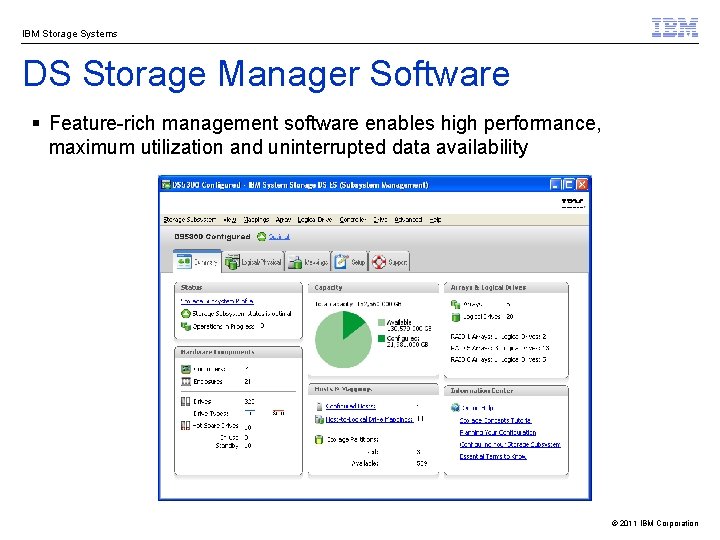 IBM Storage Systems DS Storage Manager Software § Feature-rich management software enables high performance,