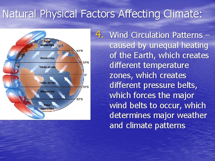 Natural Physical Factors Affecting Climate: 4. Wind Circulation Patterns – caused by unequal heating