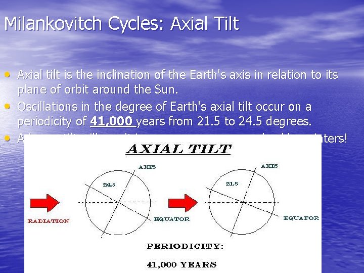 Milankovitch Cycles: Axial Tilt • Axial tilt is the inclination of the Earth's axis