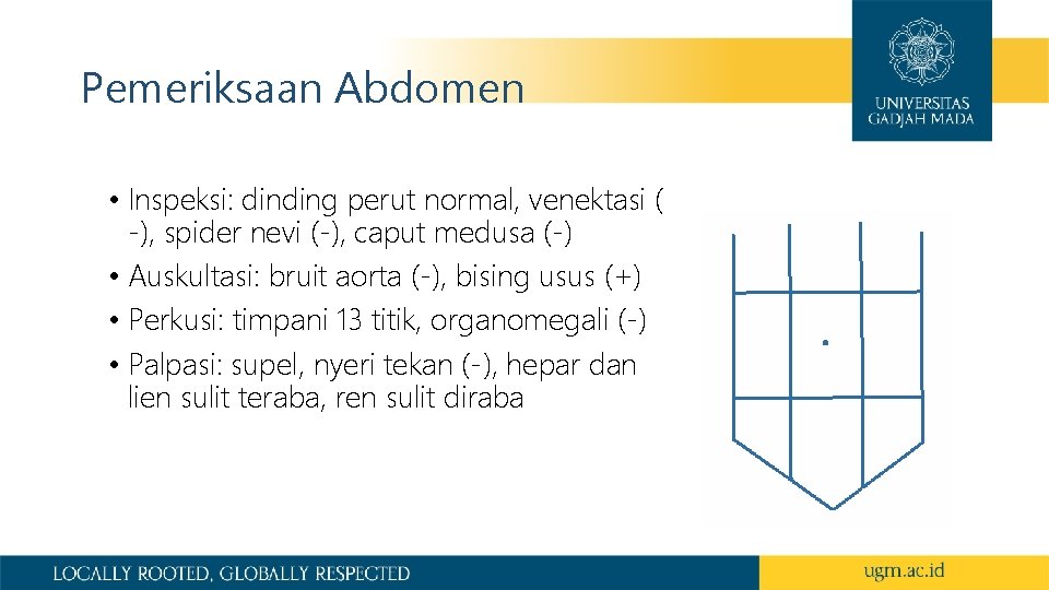 Pemeriksaan Abdomen • Inspeksi: dinding perut normal, venektasi ( ‐), spider nevi (‐), caput