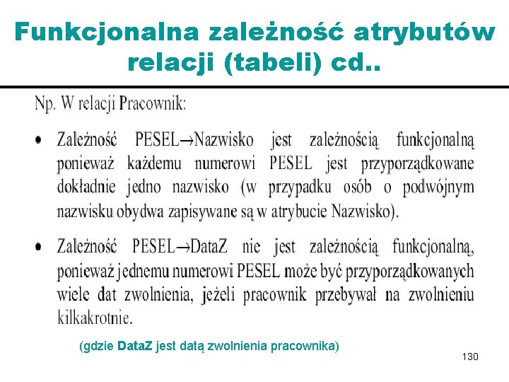 Funkcjonalna zależność atrybutów relacji (tabeli) cd. . (gdzie Data. Z jest datą zwolnienia pracownika)