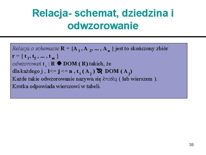 Relacja- schemat, dziedzina i odwzorowanie Relacja o schemacie R = {A 1 , A