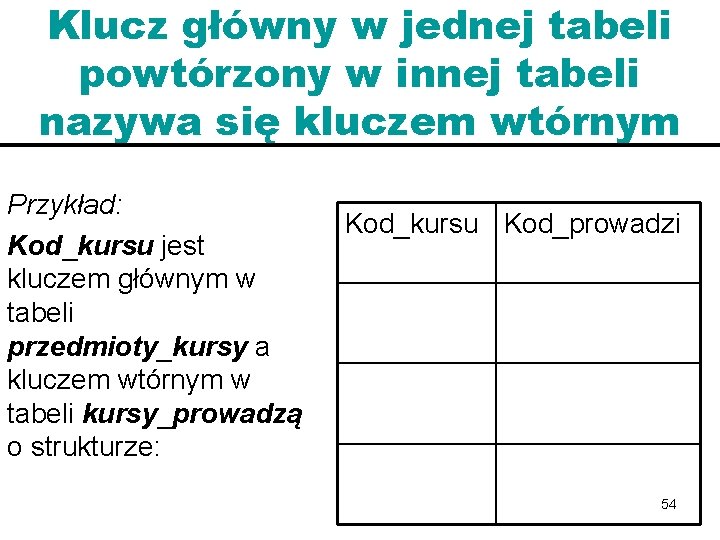 Klucz główny w jednej tabeli powtórzony w innej tabeli nazywa się kluczem wtórnym Przykład: