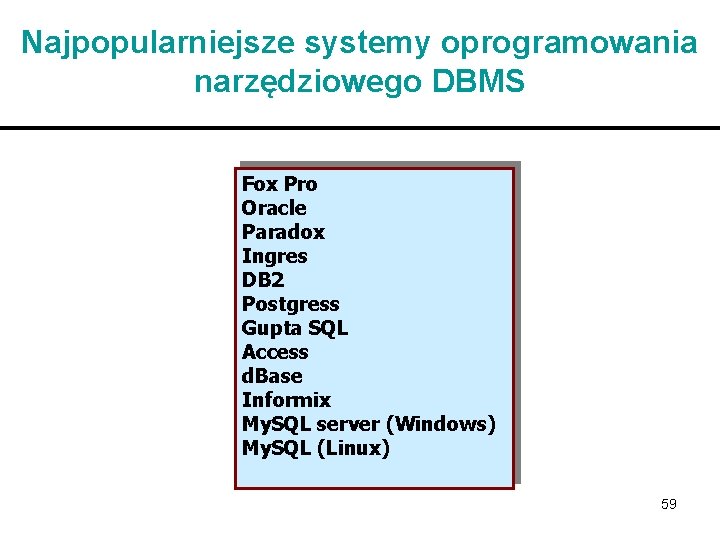 Najpopularniejsze systemy oprogramowania narzędziowego DBMS Fox Pro Oracle Paradox Ingres DB 2 Postgress Gupta
