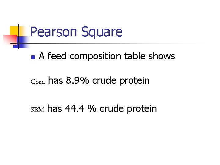 Pearson Square n A feed composition table shows Corn has 8. 9% crude protein