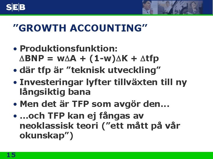 ”GROWTH ACCOUNTING” • Produktionsfunktion: DBNP = w. DA + (1 -w)DK + Dtfp •