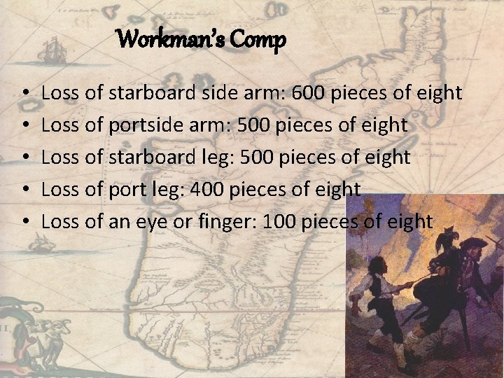 Workman’s Comp • • • Loss of starboard side arm: 600 pieces of eight