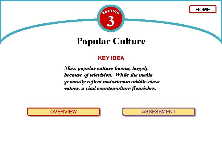 HOME 3 Popular Culture KEY IDEA Mass popular culture booms, largely because of television.