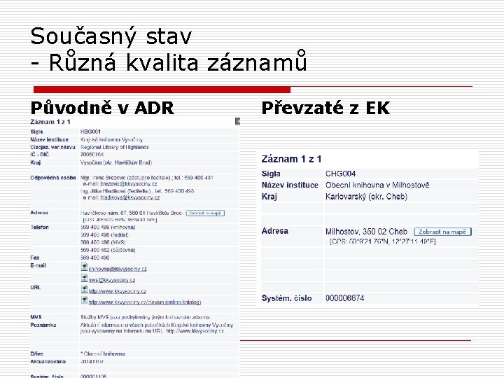 Současný stav - Různá kvalita záznamů Původně v ADR Převzaté z EK 