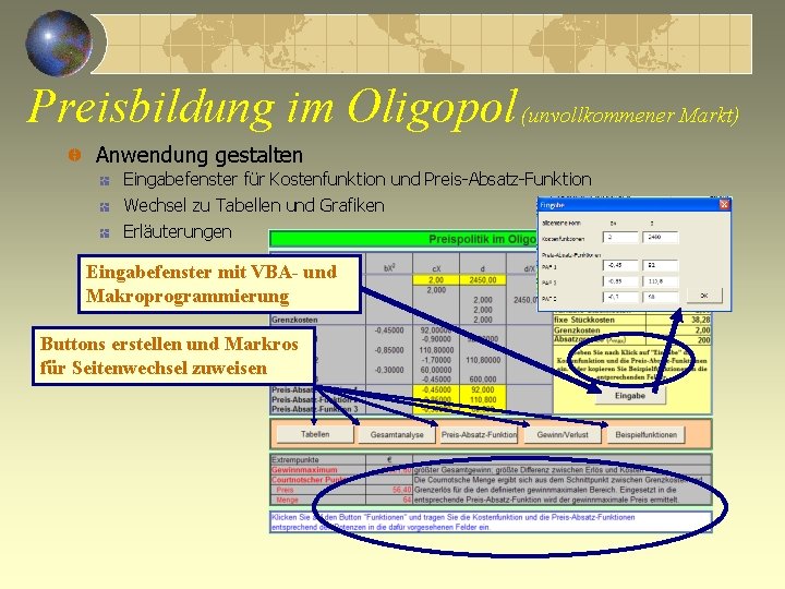 Preisbildung im Oligopol (unvollkommener Markt) Anwendung gestalten Eingabefenster für Kostenfunktion und Preis-Absatz-Funktion Wechsel zu