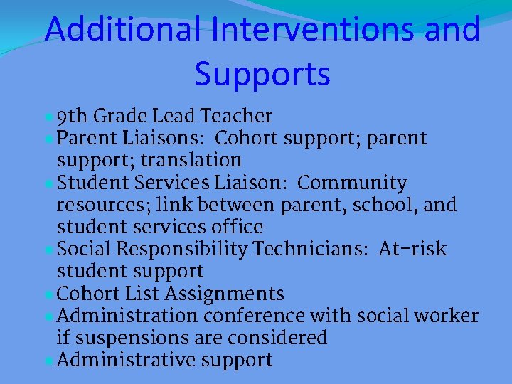 Additional Interventions and Supports ● 9 th Grade Lead Teacher ● Parent Liaisons: Cohort