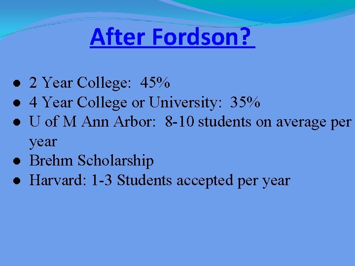 After Fordson? ● 2 Year College: 45% ● 4 Year College or University: 35%