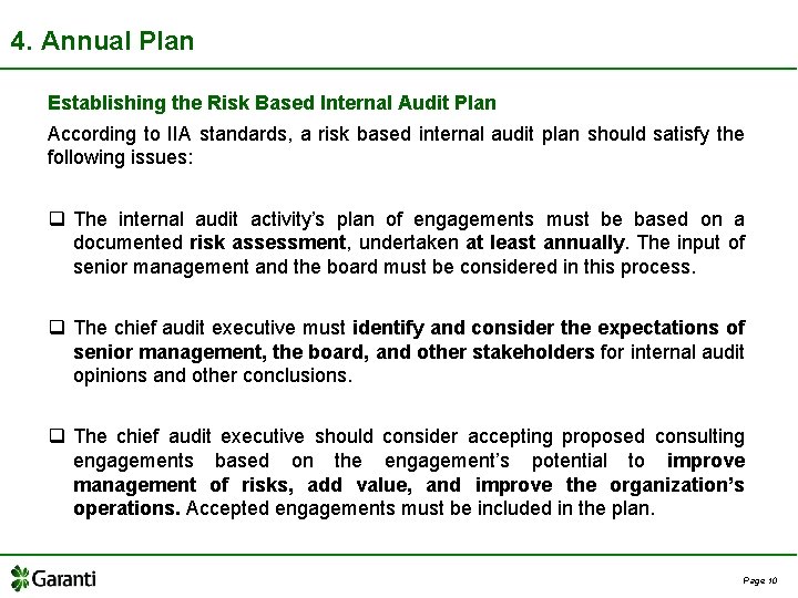 4. Annual Plan Establishing the Risk Based Internal Audit Plan According to IIA standards,