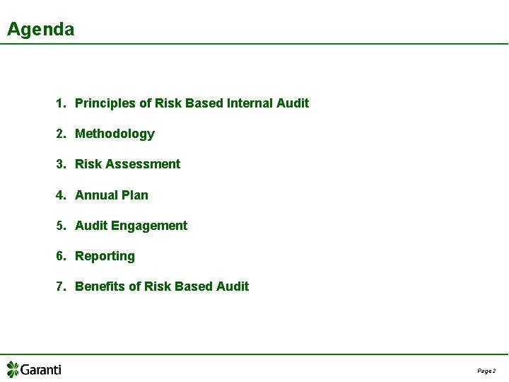 Agenda 1. Principles of Risk Based Internal Audit 2. Methodology 3. Risk Assessment 4.