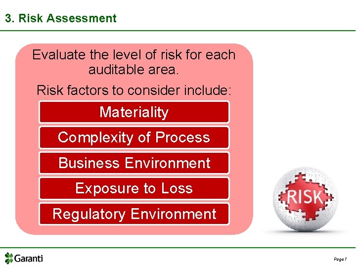 3. Risk Assessment Evaluate the level of risk for each auditable area. Risk factors
