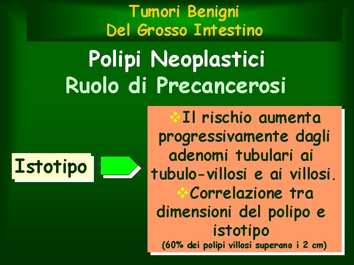 Tumori Benigni Del Grosso Intestino Polipi Neoplastici Ruolo di Precancerosi Istotipo v. Il rischio