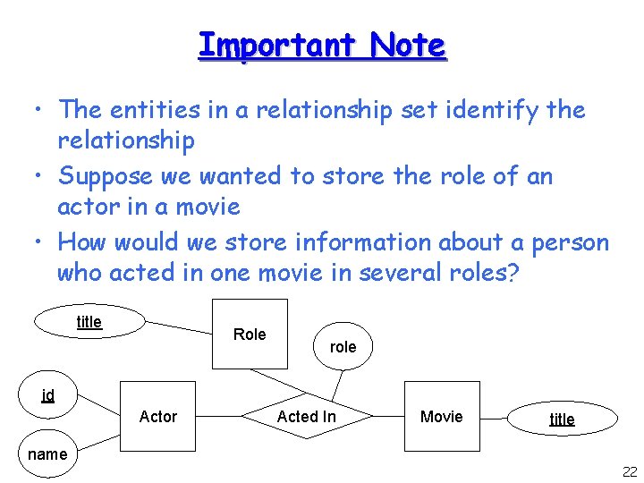 Important Note • The entities in a relationship set identify the relationship • Suppose