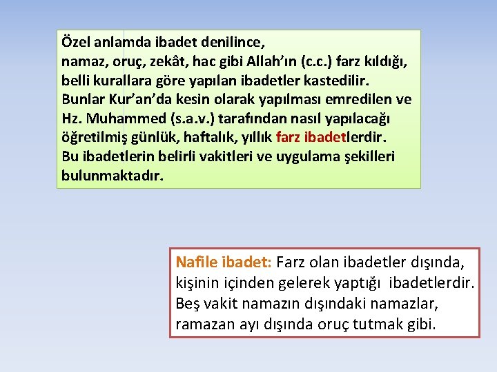 Özel anlamda ibadet denilince, namaz, oruç, zekât, hac gibi Allah’ın (c. c. ) farz