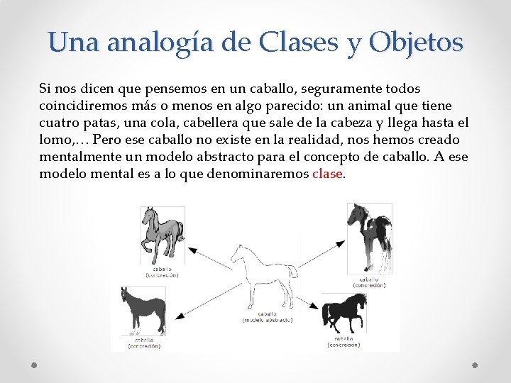 Una analogía de Clases y Objetos Si nos dicen que pensemos en un caballo,