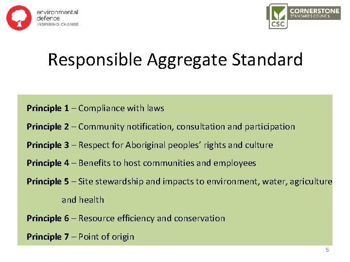 Responsible Aggregate Standard Principle 1 – Compliance with laws Principle 2 – Community notification,