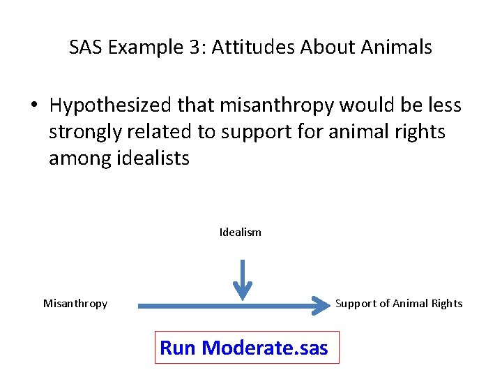 SAS Example 3: Attitudes About Animals • Hypothesized that misanthropy would be less strongly