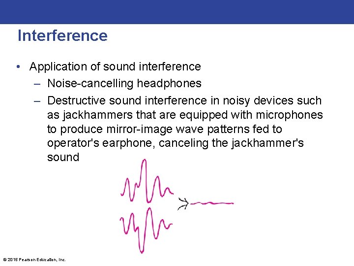 Interference • Application of sound interference – Noise-cancelling headphones – Destructive sound interference in