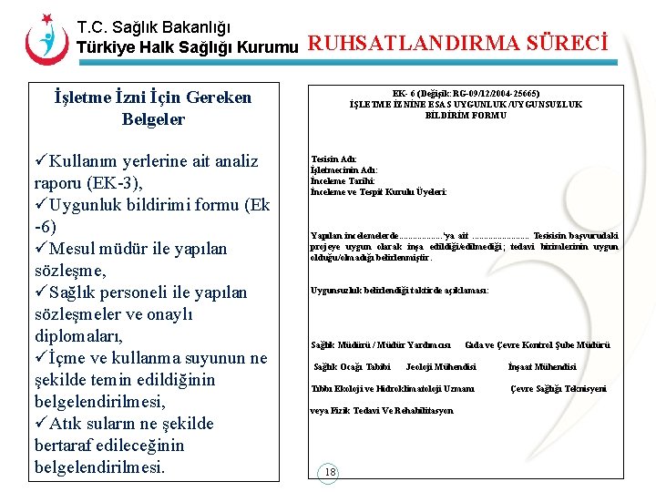 T. C. Sağlık Bakanlığı Türkiye Halk Sağlığı Kurumu RUHSATLANDIRMA SÜRECİ İşletme İzni İçin Gereken