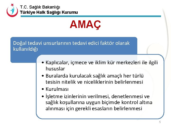T. C. Sağlık Bakanlığı Türkiye Halk Sağlığı Kurumu AMAÇ Doğal tedavi unsurlarının tedavi edici